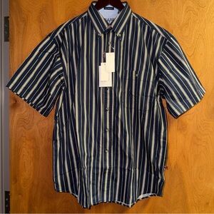 Vintage Bugle Boy Men’s Size L Short Sleeve Shirt Navy Blue Yellow Stripe NWT